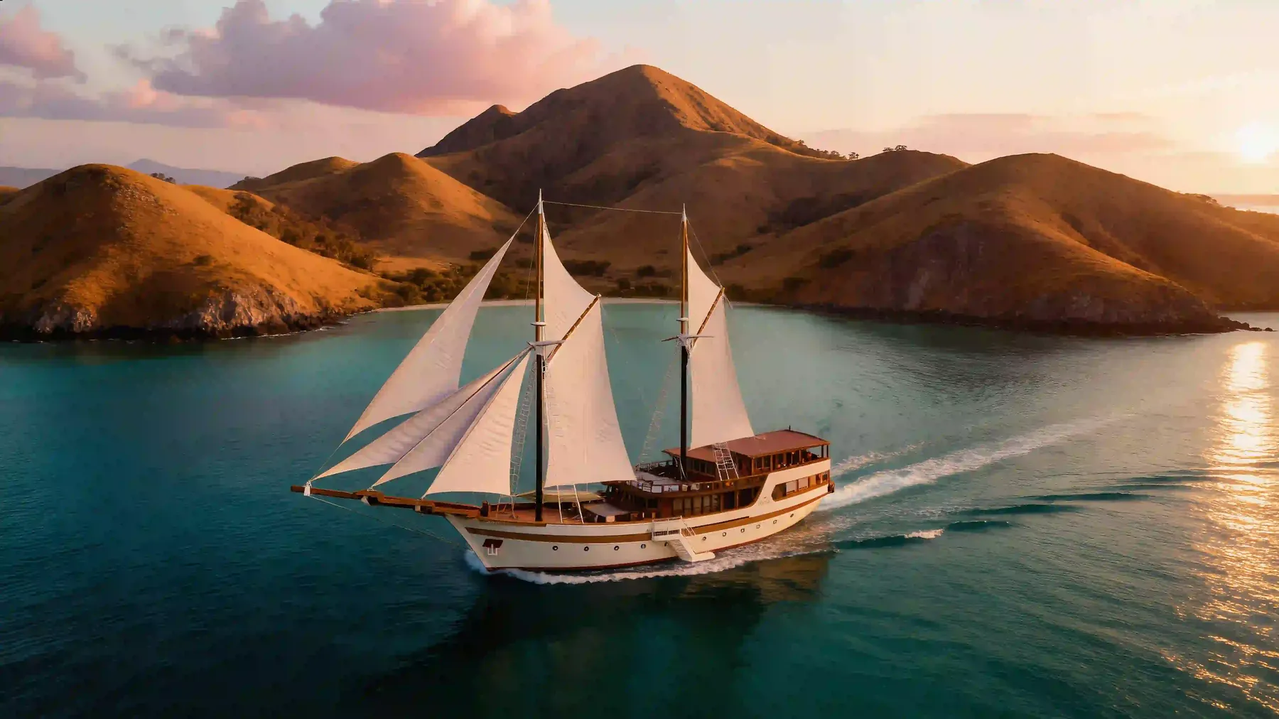 A traditional phinisi under sail past the hills of Komodo National Park