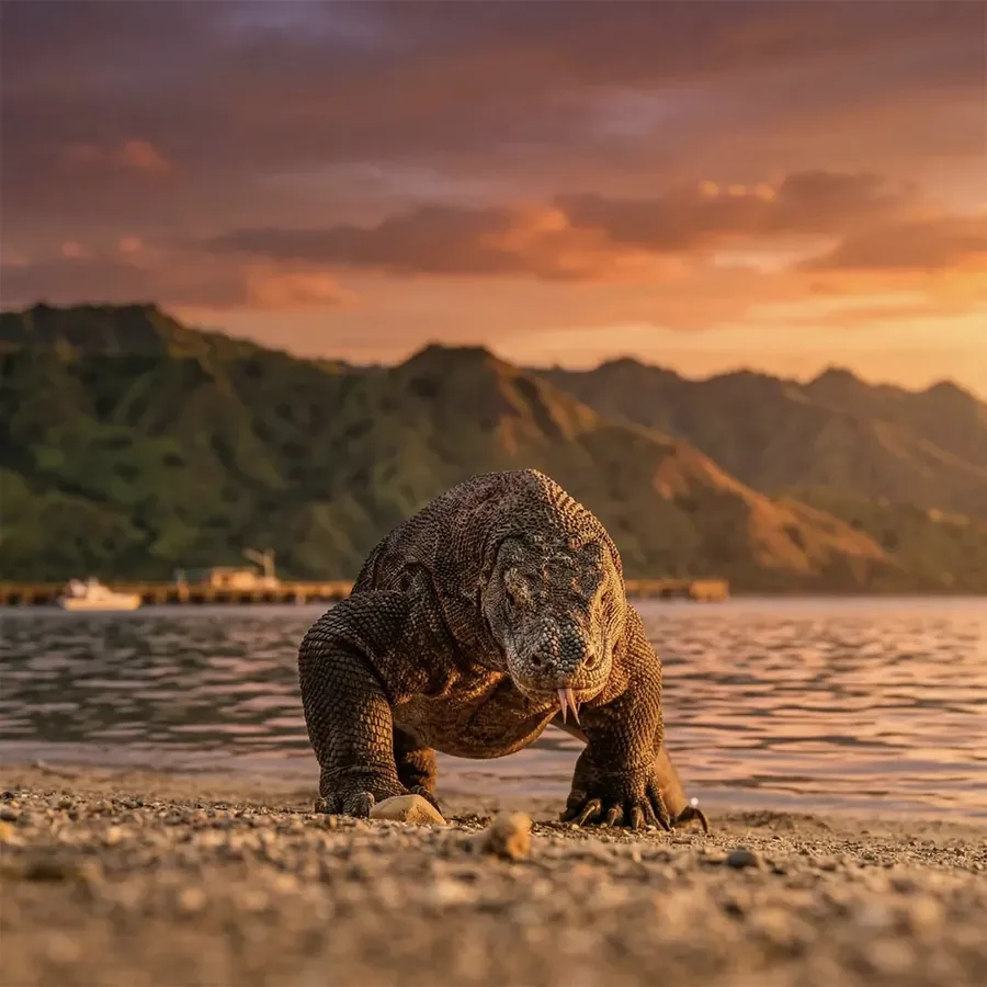 A Komodo dragon on the shore at sunset, the hills of the national park behind