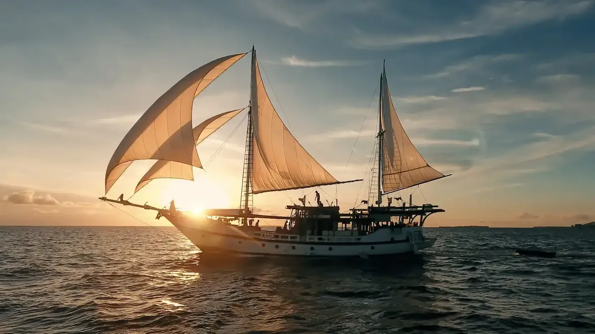 A phinisi at anchor, silhouetted against a Komodo sunset