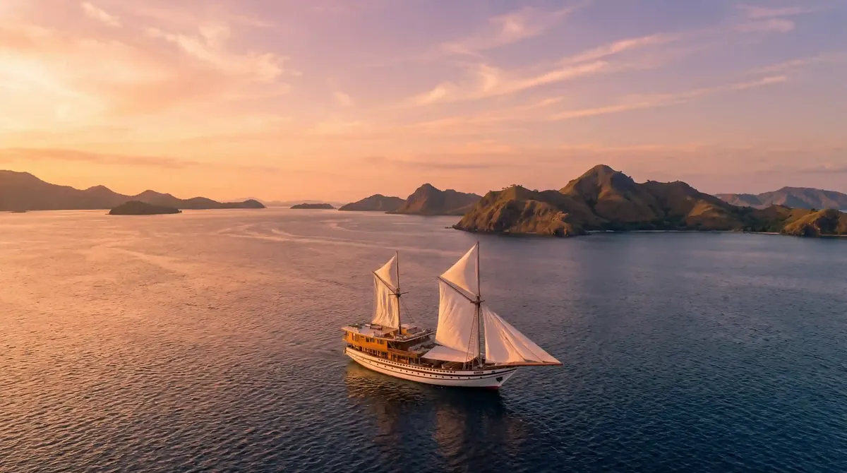 A two-masted phinisi under sail between the islands of Komodo National Park