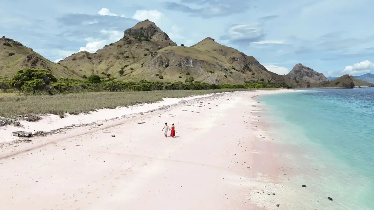 Aerial view of the pink sand and turquoise shallows of Pink Beach, Komodo