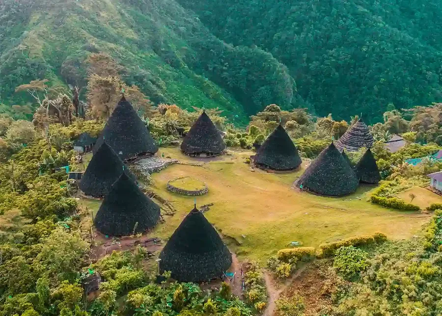 The conical thatched houses of Wae Rebo village in a clearing in the Flores highlands